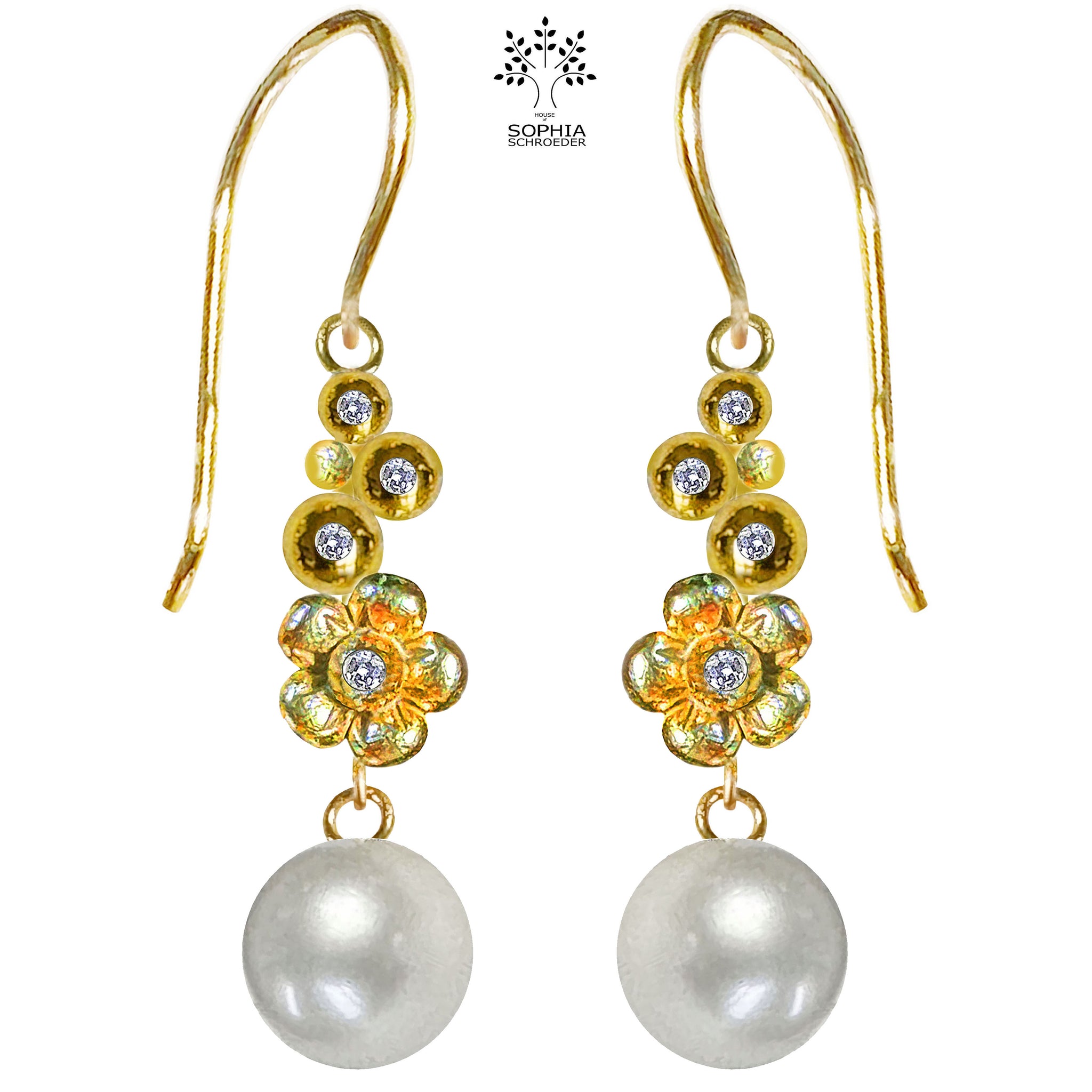 Earring with dangling Lovechild  Sparkle and 10mm round Freshwater Pearl