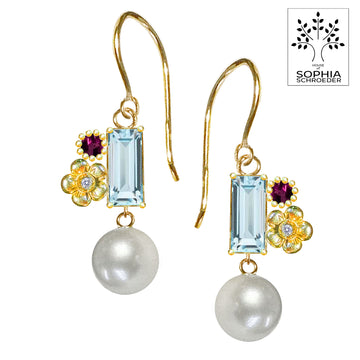 Lovechild Baguette Earrings with dangling round Freshwater Pearl
