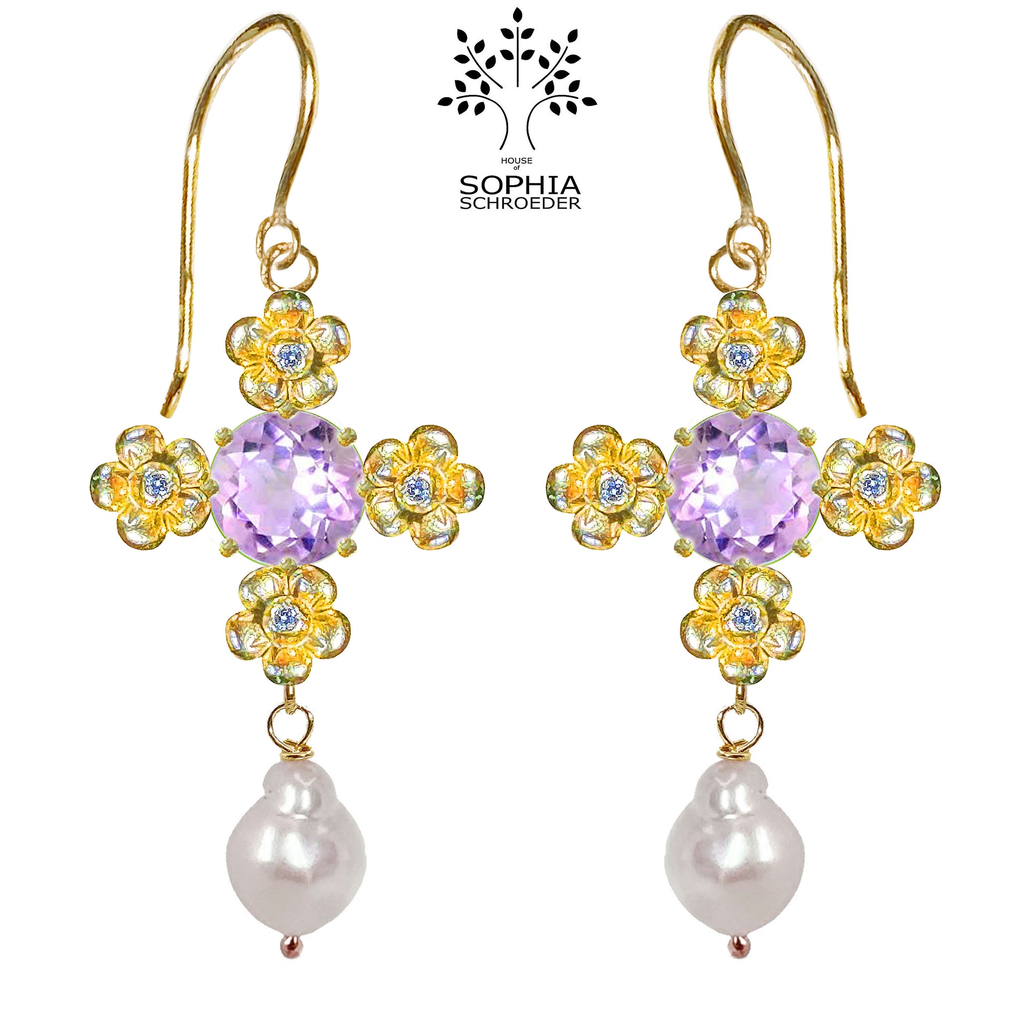 Lovechild Cross Earring with dangling Baroque Freshwater pearl