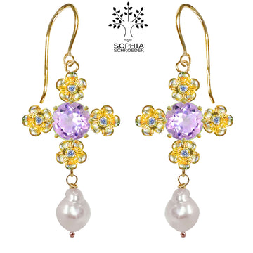 Lovechild Cross Earring with dangling Baroque Freshwater pearl