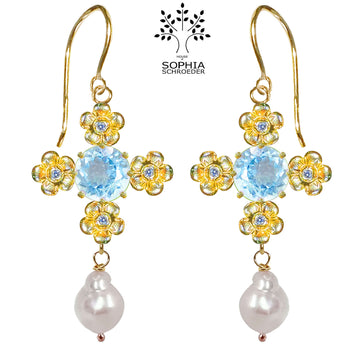 Lovechild Cross Earring with dangling Baroque Freshwater pearl
