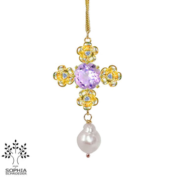 Lovechild Flower Cross Pendant with dangling Baroque Freshwater Pearl