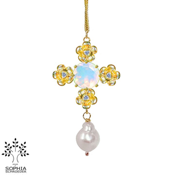 Lovechild Flower Cross Pendant with dangling Baroque Freshwater Pearl