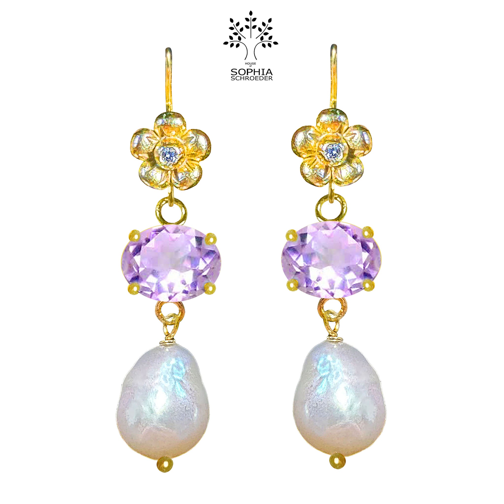 Lovechild Earrings with fitted stone and dangling Baroque Freshwater Pearl