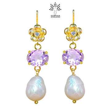 Lovechild Earrings with fitted stone and dangling Baroque Freshwater Pearl