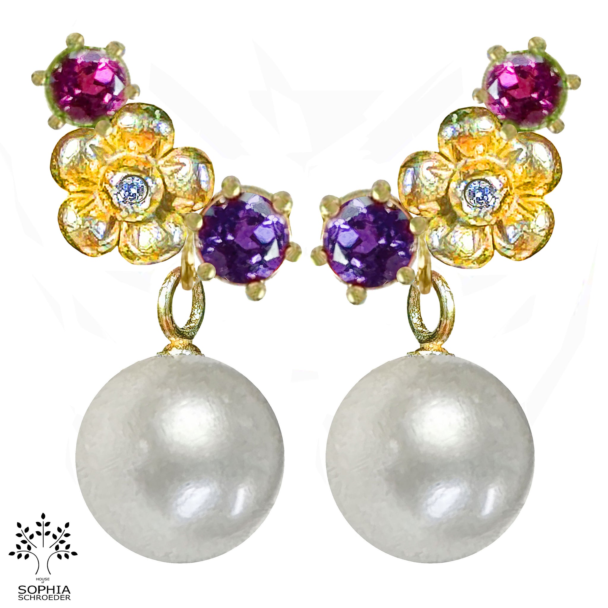Lovechild Cluster Ear Stud with dangling Freshwater Pearl