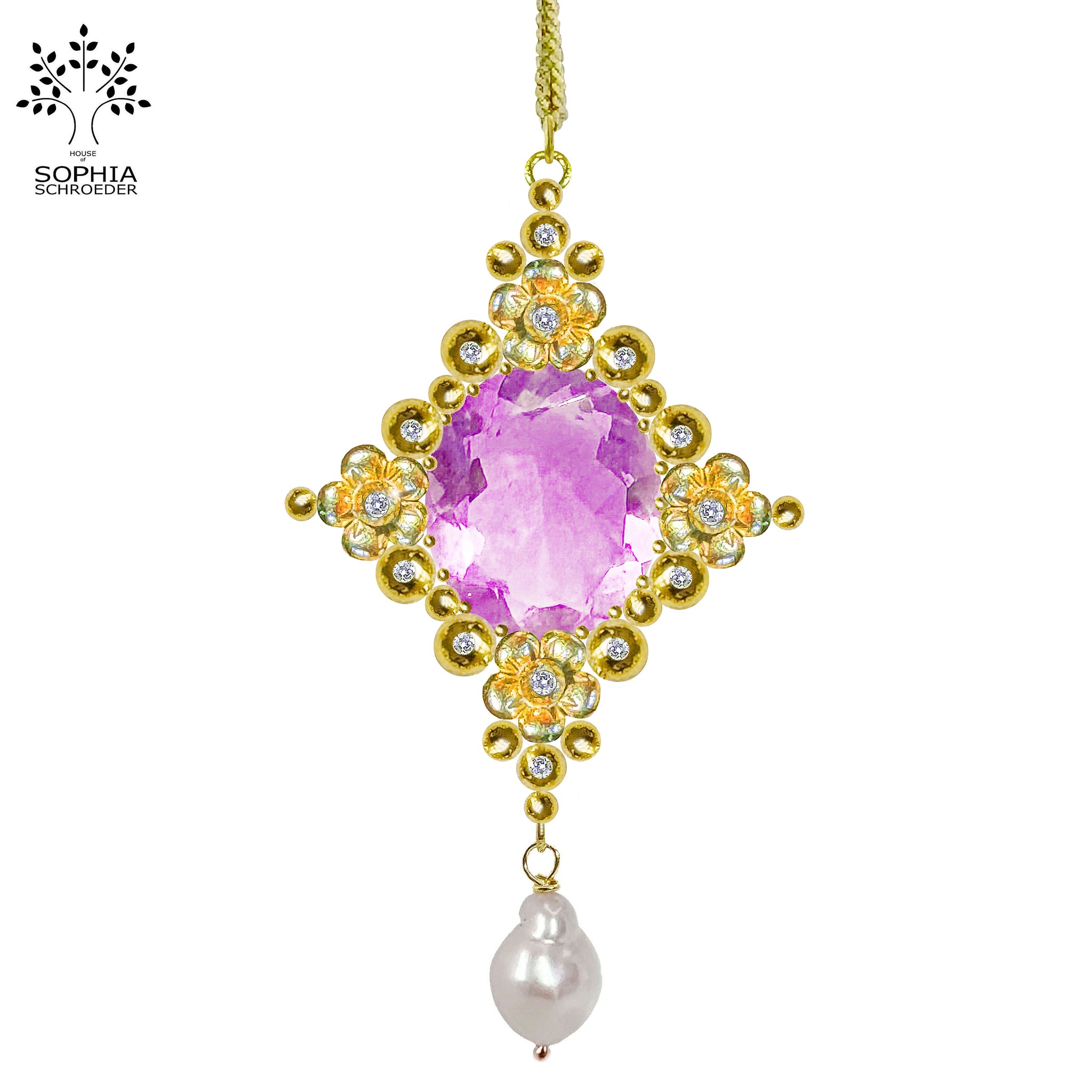 Lovechild Crescent Moon cross pendant with Brazilian Amethyst and dangling pearl