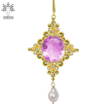 Lovechild Crescent Moon cross pendant with Brazilian Amethyst and dangling pearl