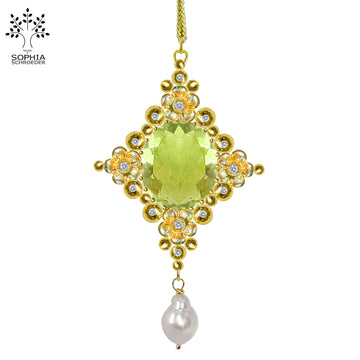 Lovechild Crescent Moon cross pendant with Brazilian Amethyst and dangling pearl