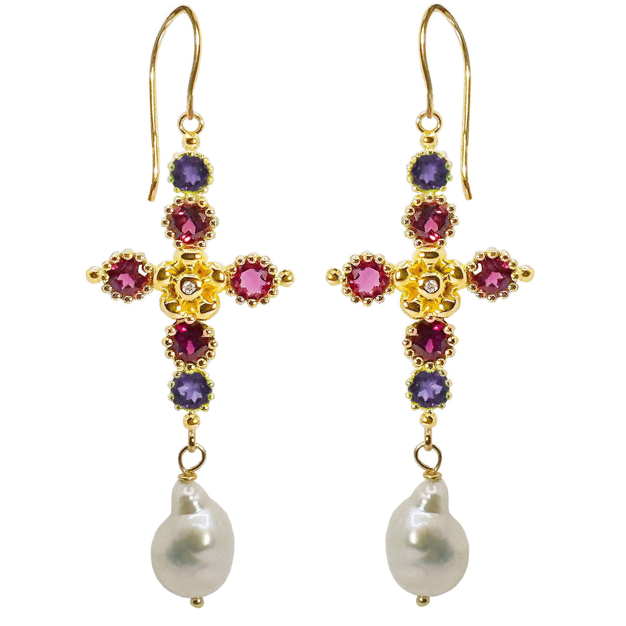 Lovechild Cross Ear hooks with Precious Stones and Dangling Baroque Freshwater Pearl