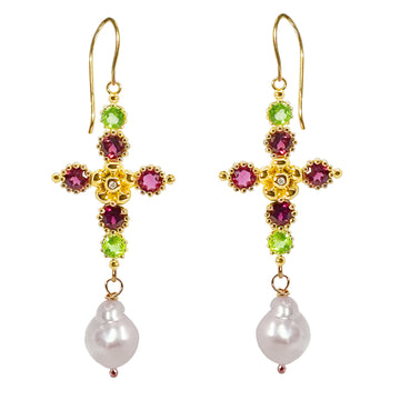 Lovechild Cross Ear hooks with Precious Stones and Dangling Baroque Freshwater Pearl