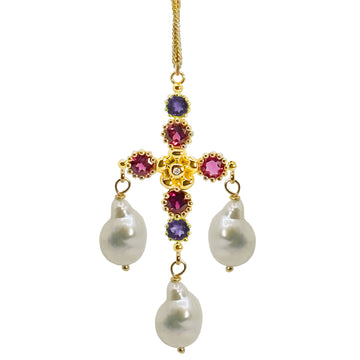 Lovechild Cross Pendant with 3pcs dangling baroque Freshwater Pearls