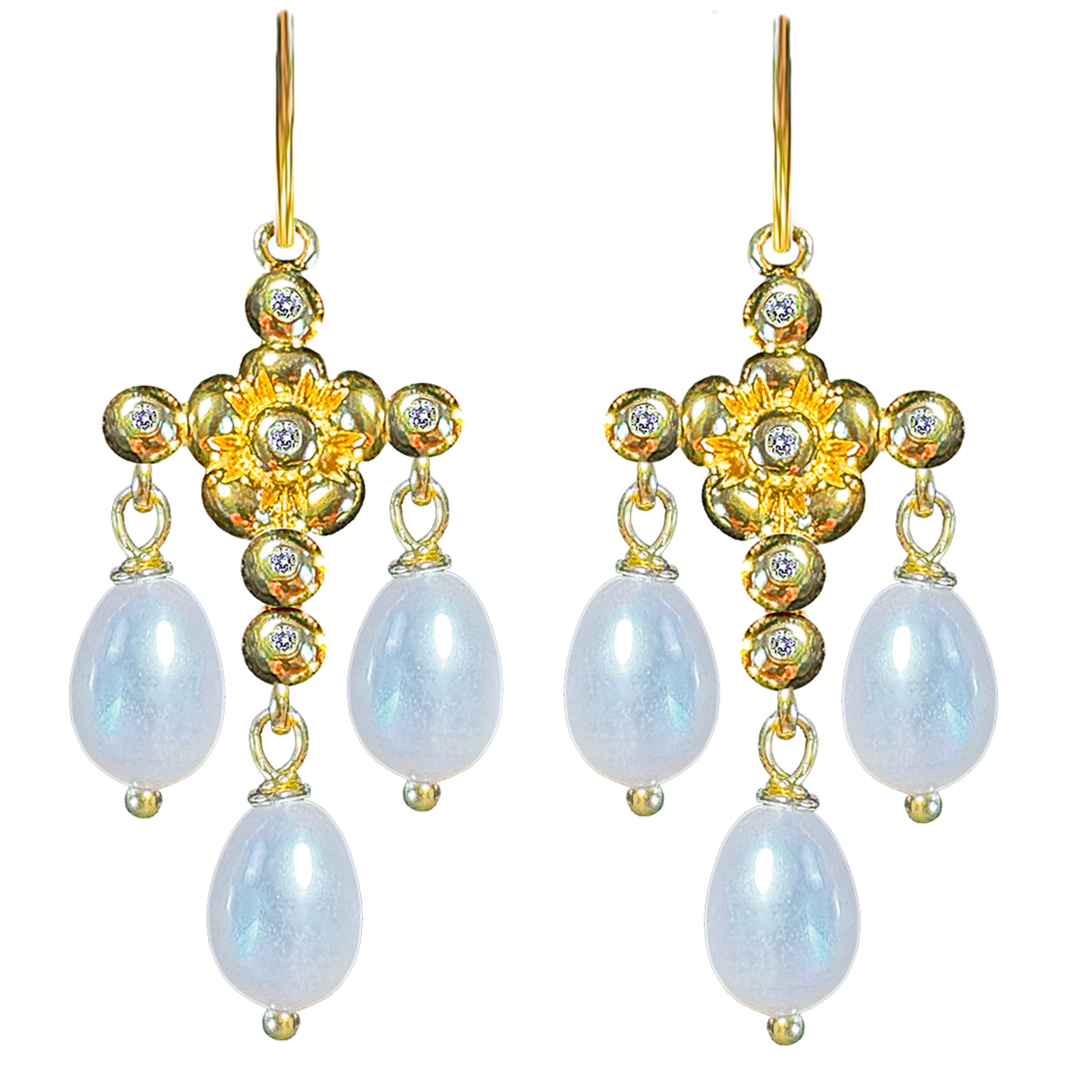 LoveChild Diamond Dew Small Cross Earhooks with 3 Dangling Rice Freshwaterpearls