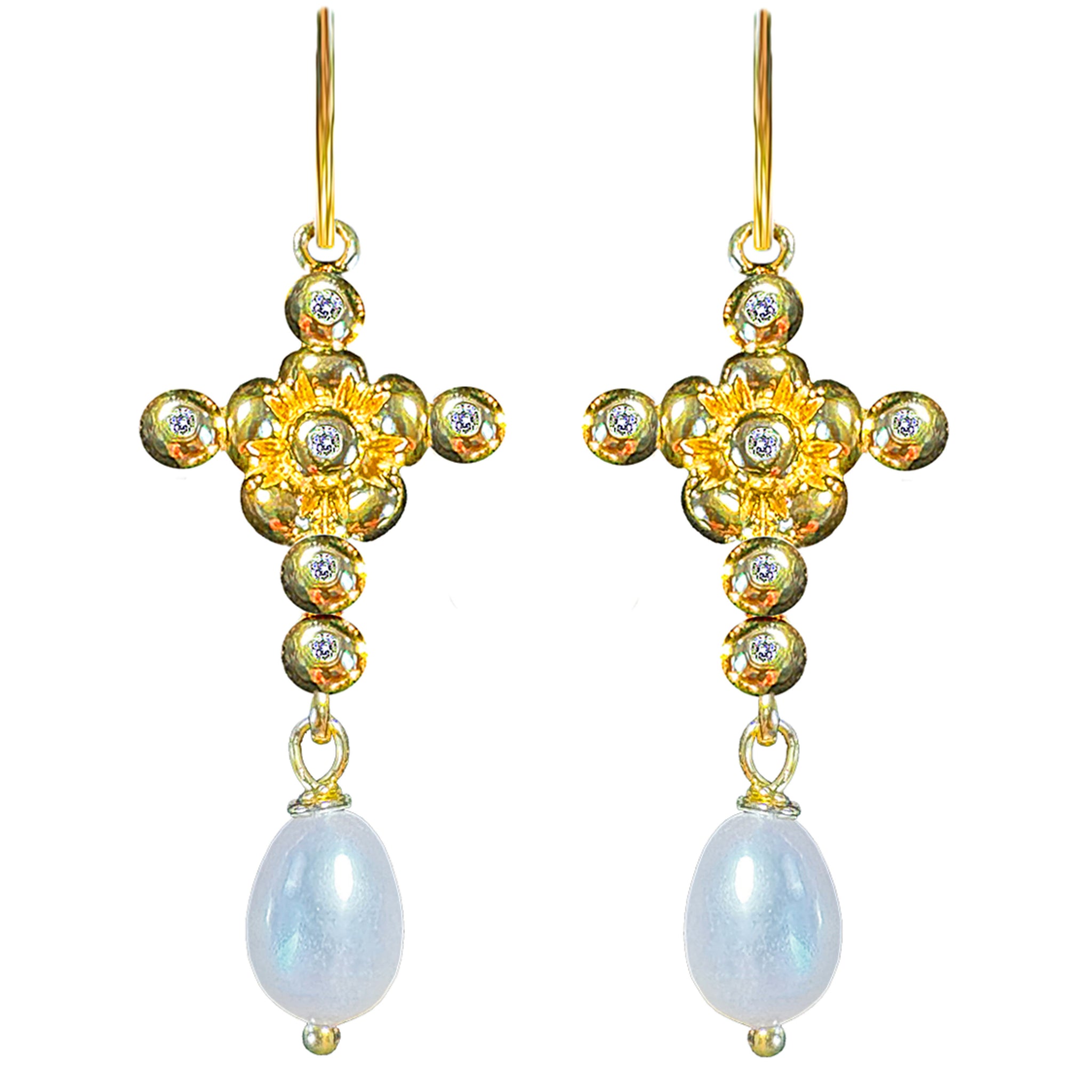 LoveChild Diamond Dew Small Cross Earhooks with Dangling Rice Freshwater Pearls