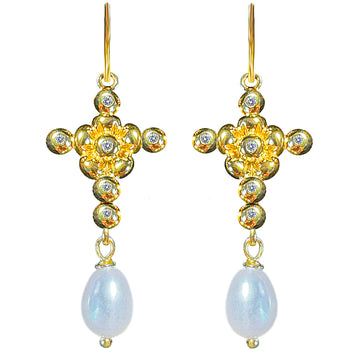 LoveChild Diamond Dew Small Cross Earhooks with Dangling Rice Freshwater Pearls