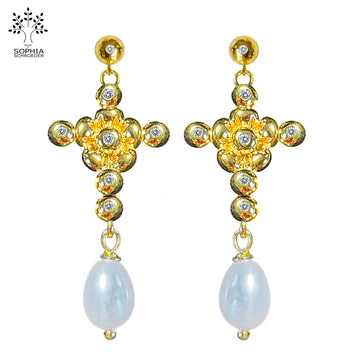 LOVECHILD Diamond Dew Cross Ear Stud with dangling Rice Freshwater pearl