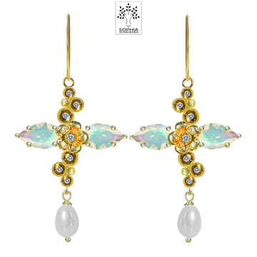 Lovechild  Sparkle  Cross Earring with dangling Rice Freshwater Pearl