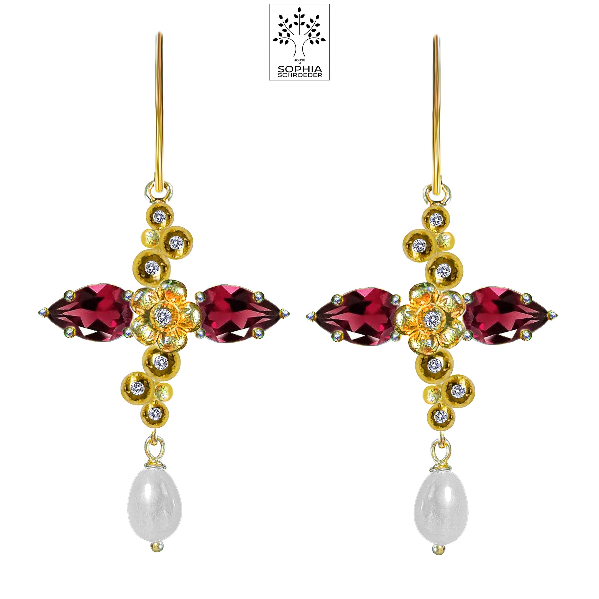 Lovechild  Sparkle  Cross Earring with dangling Rice Freshwater Pearl