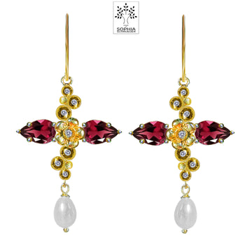 Lovechild  Sparkle  Cross Earring with dangling Rice Freshwater Pearl