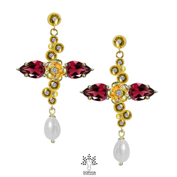 Lovechild  Sparkle  Cross Ear Stud with dangling Freshwater Pearl
