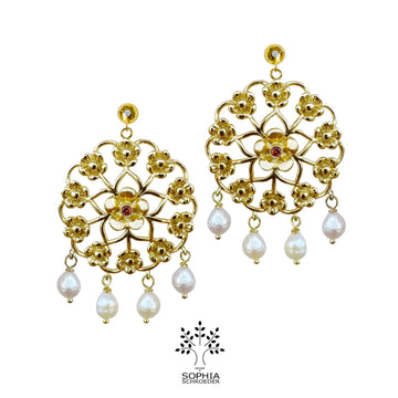 Diamond Dew Ear Stud with dangling Lovechild Mandala and Freshwater Pearls