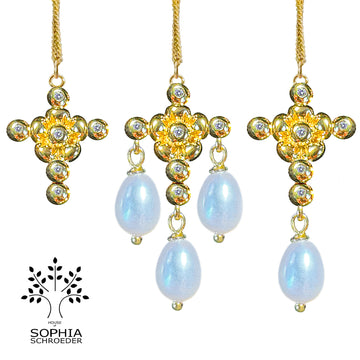 LoveChild Diamond Dew Small Cross Earhooks with 3 Dangling Rice Freshwaterpearls