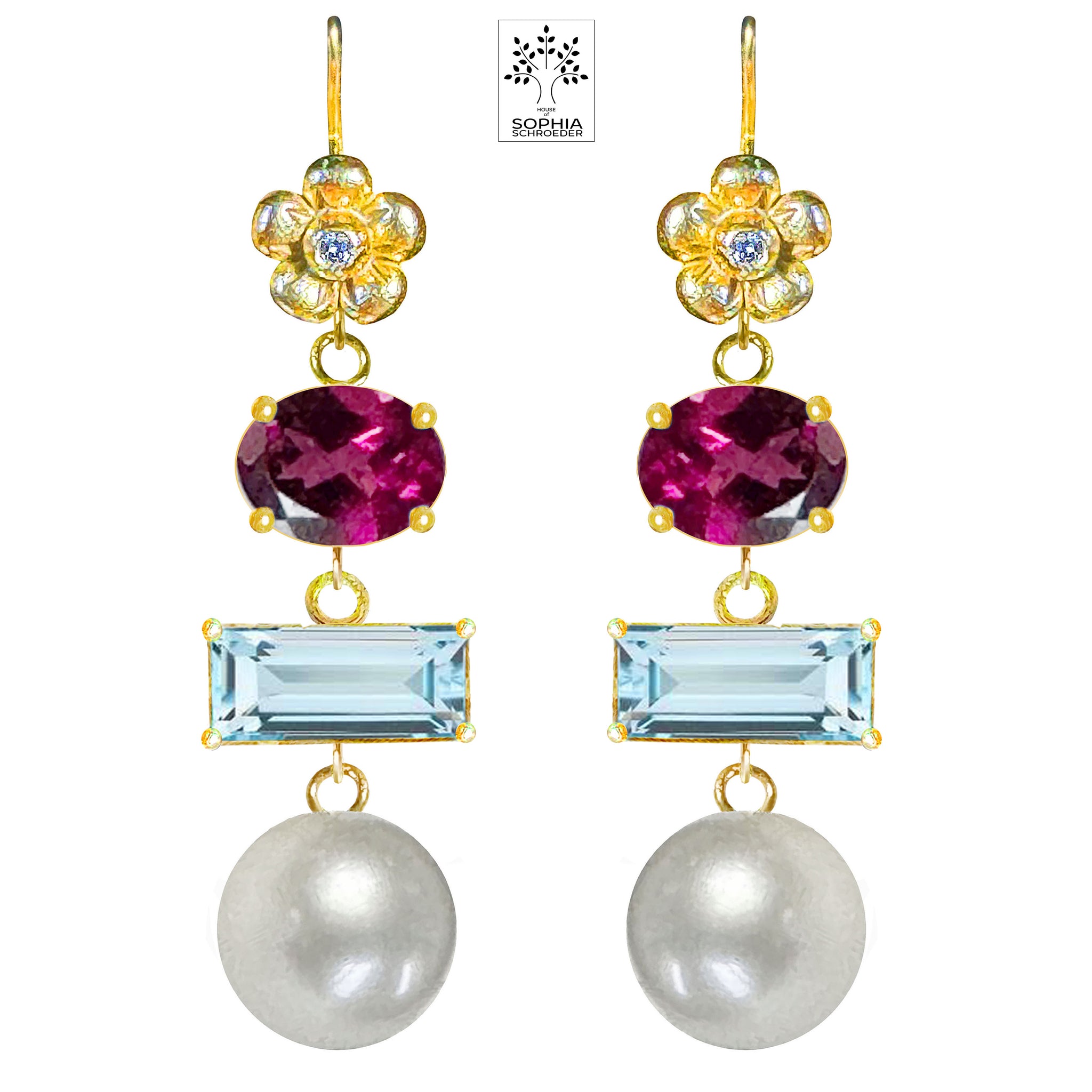 Lovechild earring with fitted dangling stones and pearl