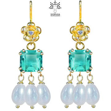 Lovechild ear ring with square stone and rice pearls