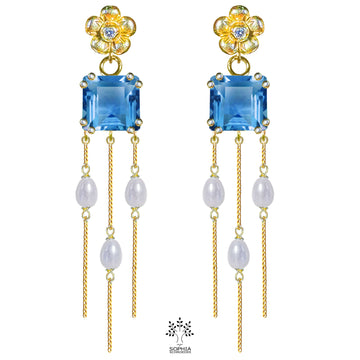 Lovechild ear stud chandelier with dangling chains and pearls