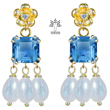 Lovechild ear stud chandelier with dangling square and rice pearls