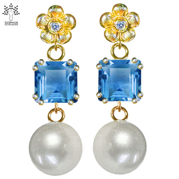 Lovechild Ear Studs with square stone and dangling pearl