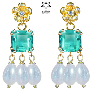 Lovechild ear stud chandelier with dangling square and rice pearls