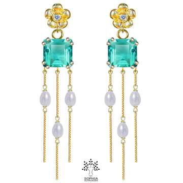 Lovechild ear stud chandelier with dangling chains and pearls