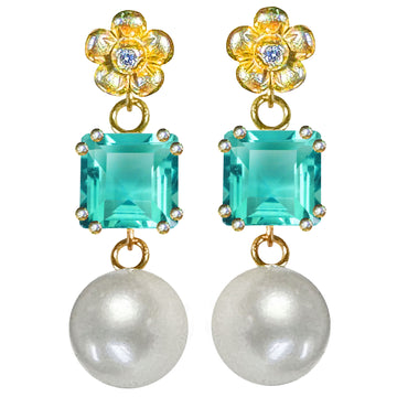 Lovechild Ear Studs with square stone and dangling pearl