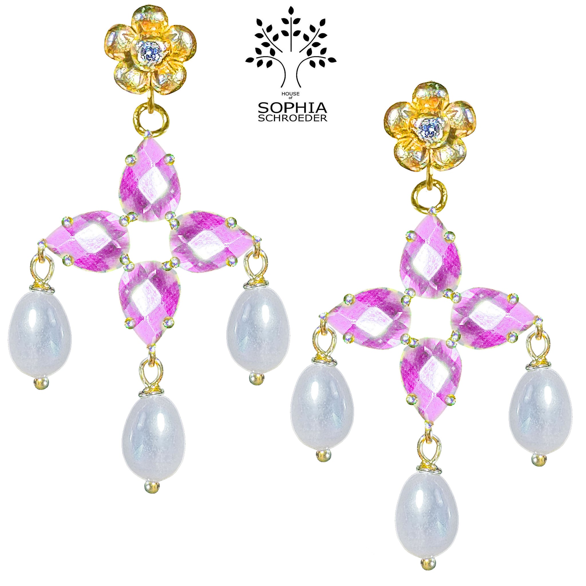 Lovechild Clover ear stud chandelier with rice pearls