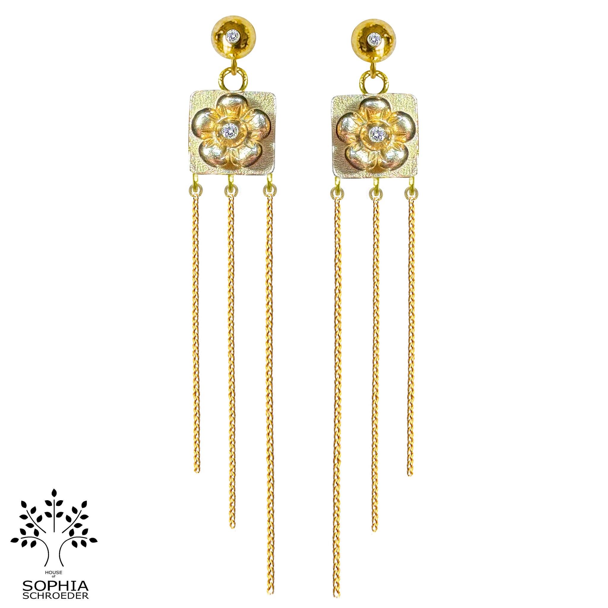Diamond Dew ear stud with Lovechild Treasure and dangling chains