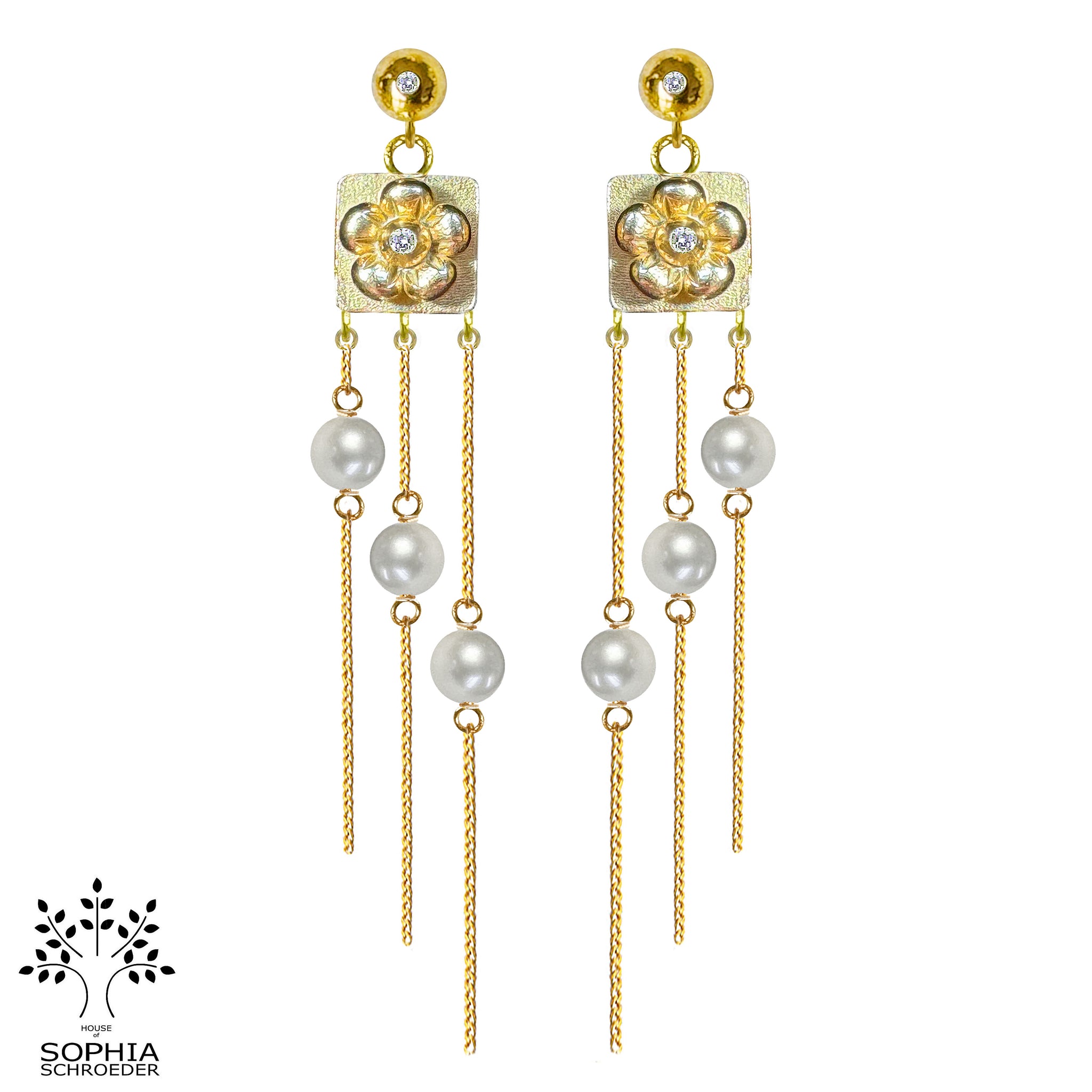 Diamond Dew Ear Stud with Lovechild Treasure with dangling Chains and Freshwater Pearls
