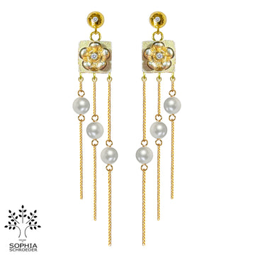 Diamond Dew Ear Stud with Lovechild Treasure with dangling Chains and Freshwater Pearls