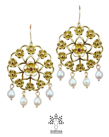 Diamond Dew Ear Stud with dangling Lovechild Mandala and Freshwater Pearls