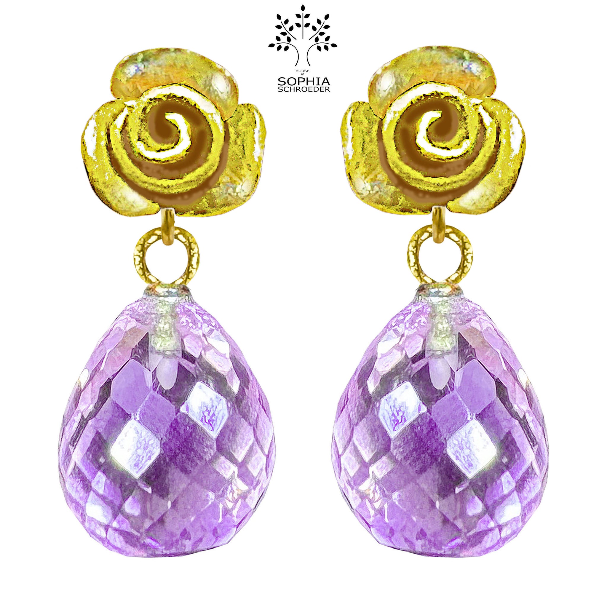 Rosebud ear Stud with dangling Micro Facet Precious Stone