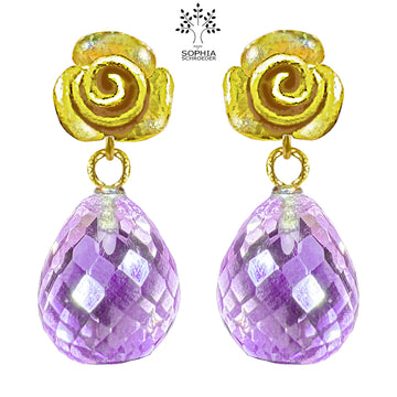 Rosebud ear Stud with dangling Micro Facet Precious Stone