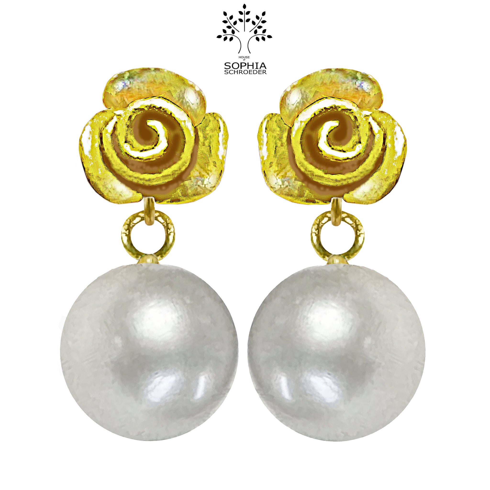 Rosebud basic Ear Stud with dangling Freshwater Pearl