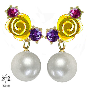 Rosebud Cluster Ear Studs with dangling Freshwater Pearl