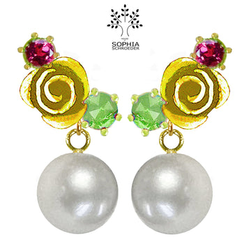 Rosebud Cluster Ear Studs with dangling Freshwater Pearl