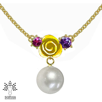 Rosebud Cluster  Necklace with Dangling Round 10mm Freshwater Pearl
