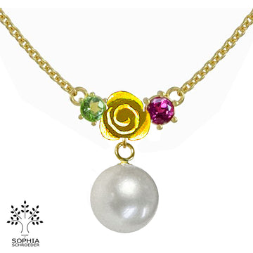 Rosebud Cluster  Necklace with Dangling Round 10mm Freshwater Pearl