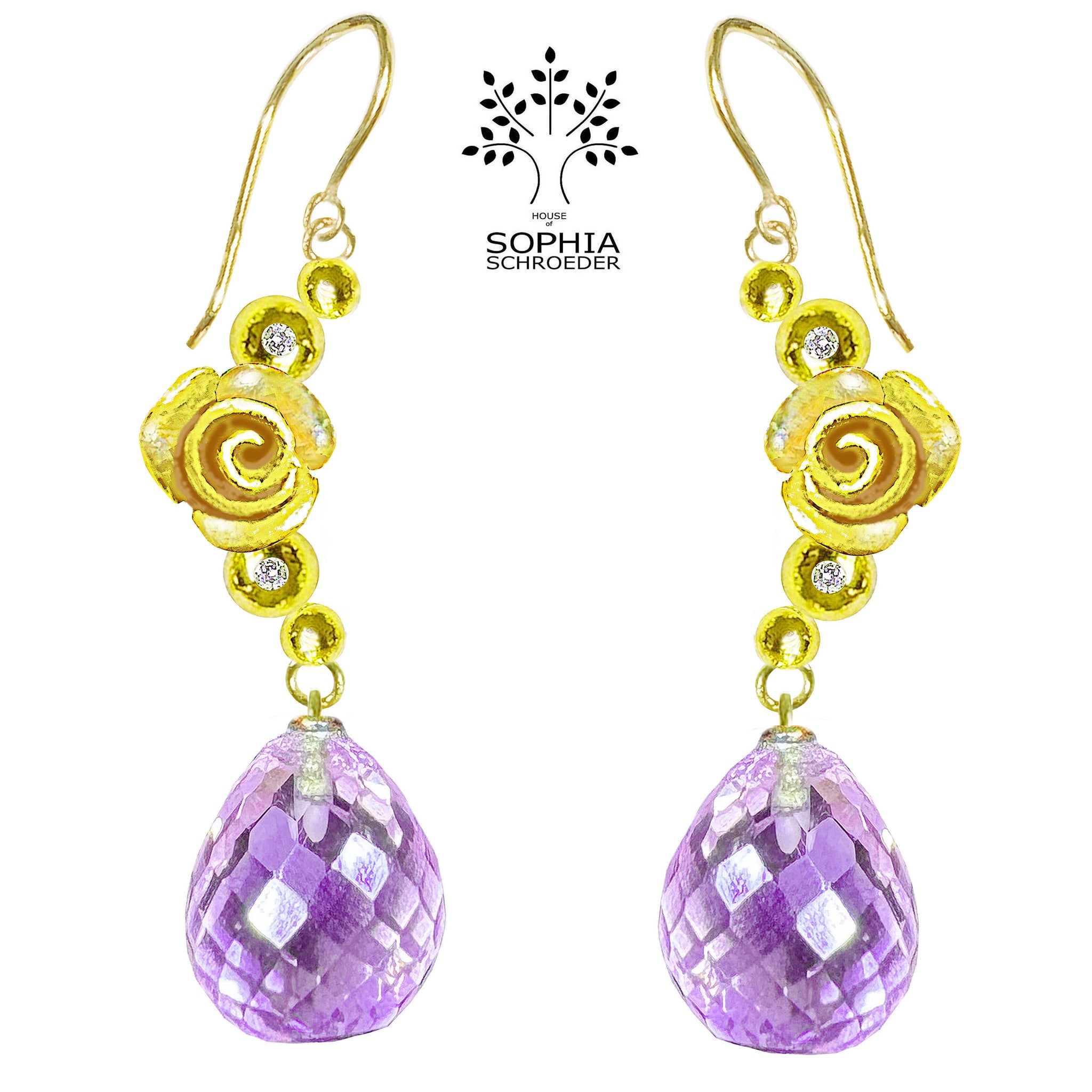 Rosebud Crescent Moon Earring with dangling Microfacet Precious Stone
