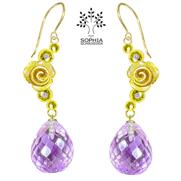 Rosebud Crescent Moon Earring with dangling Microfacet Precious Stone