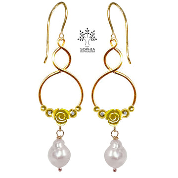 Rosebud crescent Moon twisted Hoop with dangling Freshwater Pearl