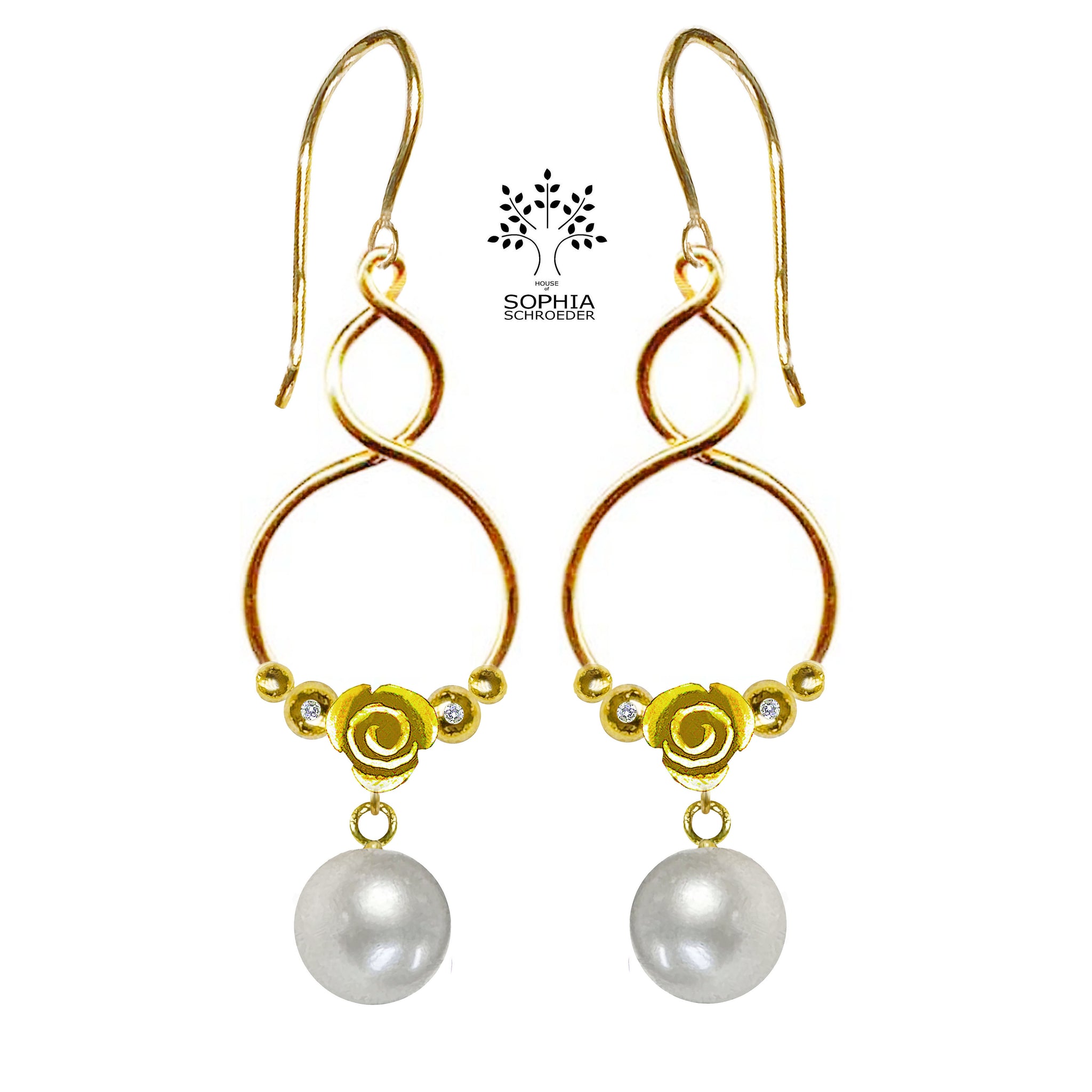 Rosebud crescent Moon twisted Hoop with dangling Freshwater Pearl
